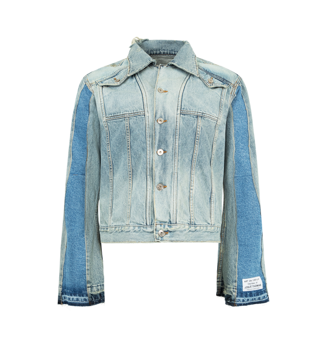 Image 1 of 2 - BLUE - GALLERY DEPT. Ford Trucker Jacket featuring denim jacket with flared sleeves, button-front flap pockets with GD custom hardware, inner shoulder pads, appliqud with our 'art on display' patch at the cuff and debossed tan leather GALLERY DEPT. jacron on the back. 100% cotton. Made in USA.