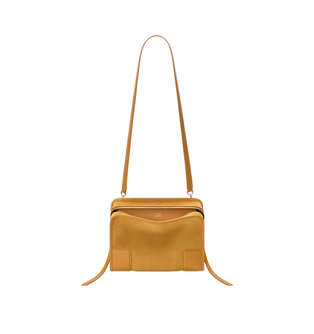 Image 11 of 16 - YELLOW - Loewe Women's Amazona 180 Medium Bag is crafted from suede and calf leather and features a relaxed silhouette with a single toron top handle, a concealed magnetic closure, and removable shoulder and crossbody straps. Designed with two compartments, an internal flat pocket, and a side D-ring for personalization, this versatile style can be carried by hand, over the shoulder, or crossbody. Suede lining and embossed LOEWE branding complete the design. Main Material: Suede/Calf Leather