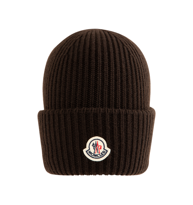 Image 1 of 2 - BROWN - MONCLER Beanie featuring a wool and cashmere blend, brioche stitch, gauge 3 and a felt logo patch. 70% virgin wool, 30% cashmere. Made in Italy.