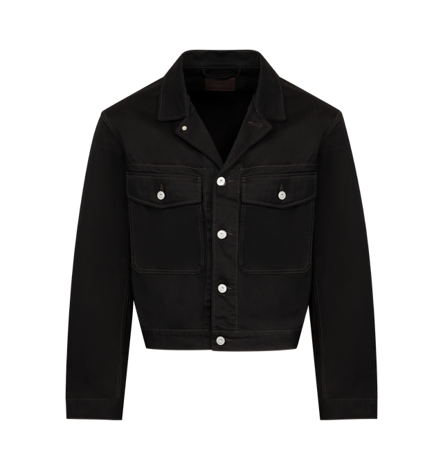 Image 1 of 2 - BLACK - LEMAIRE Trucker Jacket featuring front button closure, buttoned cuffs, chest patch pockets with button flaps, adjustable tabs at waist, metal buttons and leather label. 100% cotton.