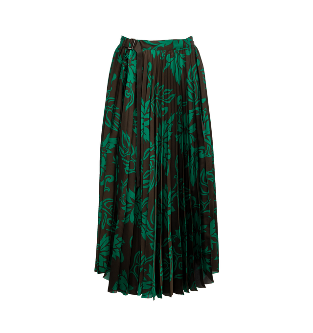 Image 1 of 3 - GREEN - SACAI Floral Midi Skirt featuring garment-pleated polyester satin, floral pattern printed throughout, wrap construction, cinch strap at waistband and partial satin lining. 100% polyester. Lining: 100% cupro. Made in Japan. 