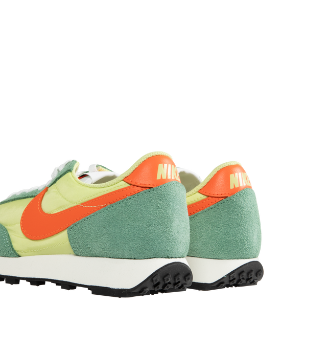 Image 3 of 5 - GREEN - Nike Men's Daybreak running shoe, inspired by colors from the '70s running boom era, combining breathable mesh and shaggy suede with a vintage Waffle outsole. Electro Orange accents radiate against the smooth Limelight and Healing Jade colorway. Calf Suede and fabric with rubber sole.