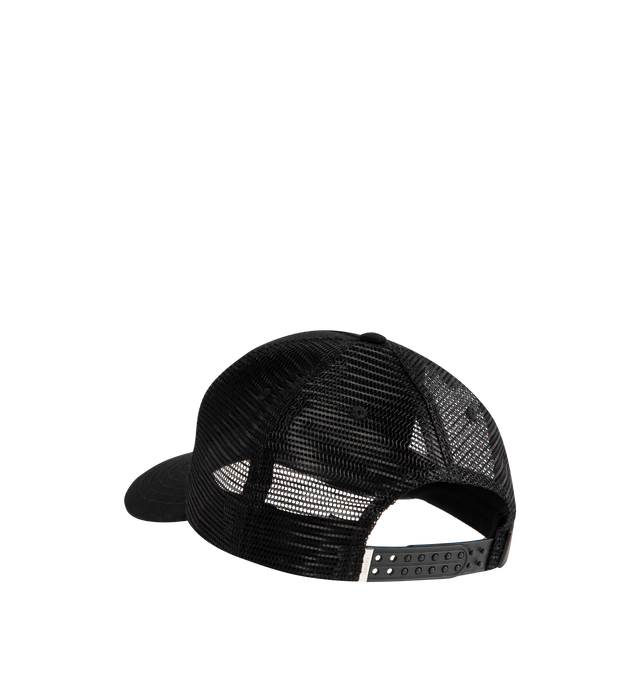 Image 2 of 3 - BLACK - AMIRI Club Amiri Trucker Cap featuring cotton canvas and mesh, embroidered eyelets at crown, logo and text embroidered at face, curved brim, logo patch at back face, snapback fastening and twill lining. 100% cotton. 100% polyester. Made in United States.