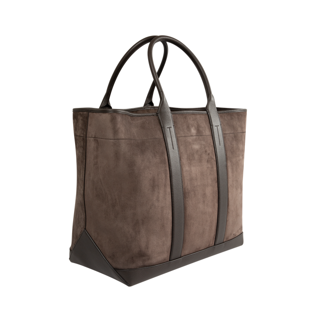 Image 2 of 3 - BROWN - Tom Ford Suede and Grain Leather Large Tote is crafted from luxurious suede and grain leather and features a spacious silhouette with top handles, refined leather trim, and an open interior for everyday organization. This designer leather tote combines timeless craftsmanship with elevated functionality for work, travel, and daily wear. Main Material: Suede and Grain Leather. Made in Italy.