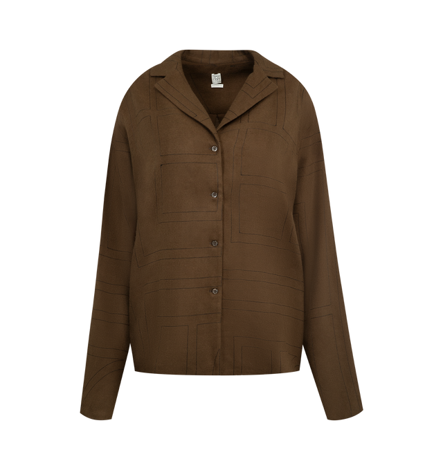 Image 1 of 2 - BROWN - TOTEME Monogram Flannel PJ Top featuring lightweight modal flannel embroidered with a fine monogram pattern, relaxed silhouette, lapel collar, spacious long sleeves and mother-of-pearl buttons. 100% Lenzing TENCEL modal.