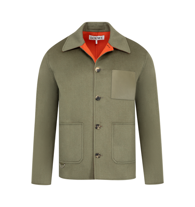 Image 1 of 3 - GREEN - Loewe Men's Workwear jacket crafted in double face wool cashmere. Regular fit, regular length featuring classical collar, LOEWE engraved horn buttons, button front fastening, two patch pockets, LOEWE engraved D-ring and LOEWE Anagram embossed leather patch pocket placed on the chest. Wool/Cashmere. Made in Italy.