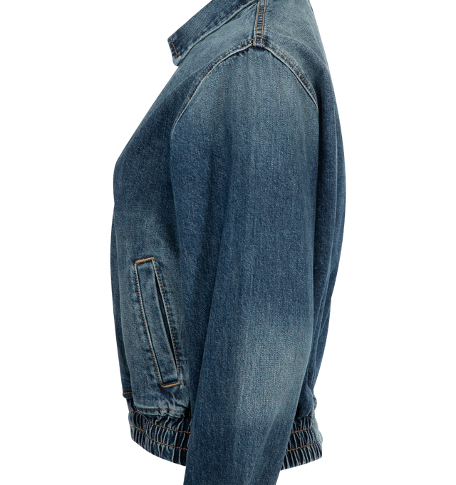 Image 3 of 3 - BLUE - NILI LOTAN Denim Jacket featuring easy fit denim jacket, shorter body, blouson effect at back, elastic waistband, welt pockets, logo zipper at center front, shank closure at sleeves and back center seam. 100% cotton.