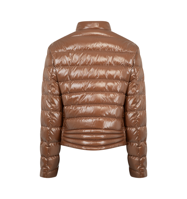 Image 2 of 3 - BROWN - MONCLER Papillon Short Down Jacket featuring longue saison lining, down-filled, zipper closure and welt pockets. 100% polyamide/nylon. Padding: 90% down, 10% feather.