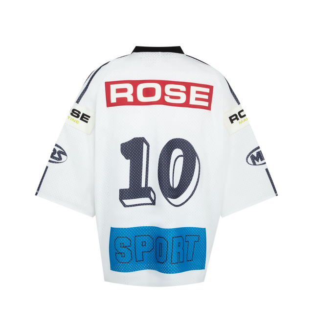 Image 2 of 2 - WHITE - MARTINE ROSE Oversized Hockey T-shirt featuring printed and patches all over, a ribbed v-neckline, dropped shoulders, long sleeves, mesh, a straight hem and an oversized fit. 100% polyester.