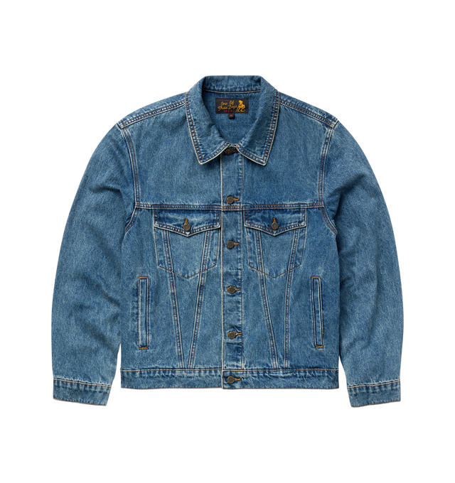 Image 1 of 4 - BLUE - ONE OF THESE DAYS Denim Trucker Jacket featuring button-front, branded suede label, spread collar, 4-pocket design, adjustable waist tabs, buttoned cuffs and branded hardware. 100% cotton.