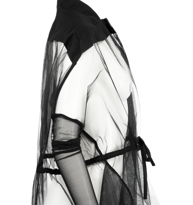 Image 3 of 3 - BLACK - RICK OWENS Sail Coat featuring translucent polyamide panels, adjustable drawstring waist tie, sheer mesh, long sleeves and pockets. 100% polyamide.