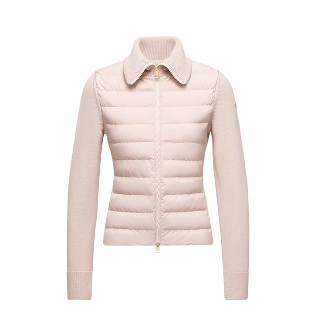 Image 1 of 1 - PINK - Moncler Women's Padded Zip-Up Wool Cardigan is crafted from plush virgin wool and features warm down-filled polyester panels at the front and back, allowing it to double as lightweight outerwear during transitional weather. Designed with a point collar and zip-front closure, this designer cardigan combines soft knit construction with Moncler's signature down insulation. Base Fabric: 100% Virgin Wool. Outer Front and Back: 100% Polyester. Front and Back Lining: 100% Polyester. Padding: