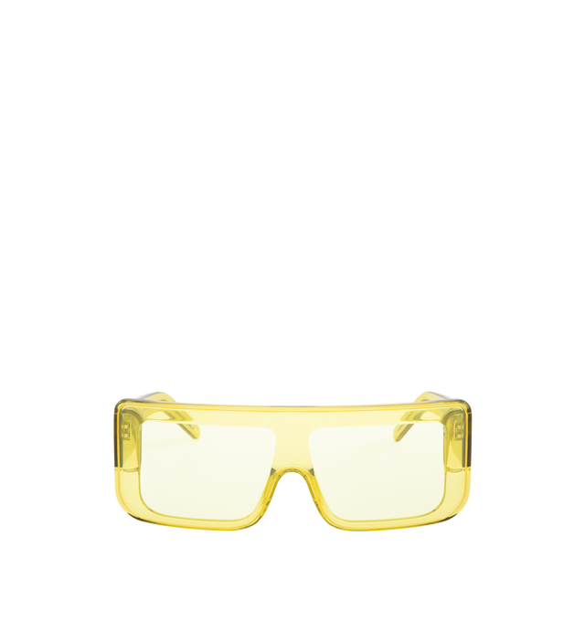 Image 1 of 3 - YELLOW - RICK OWENS Documenta Sunglasses featuring large acetate square frame, single-cut lens, wide arms with the signature trio of rivets on each temple, acid yellow acetate and acid yellow nylon lenses.