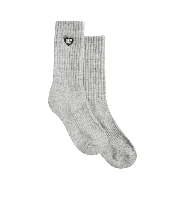 Image 1 of 2 - GREY - HUMAN MADE Pile Socks featuring iconic heart logo, mid-length and ribbed ankle. 57% cotton, 25% acrylic, 8% polyester, 8% nylon, 2% spandex.