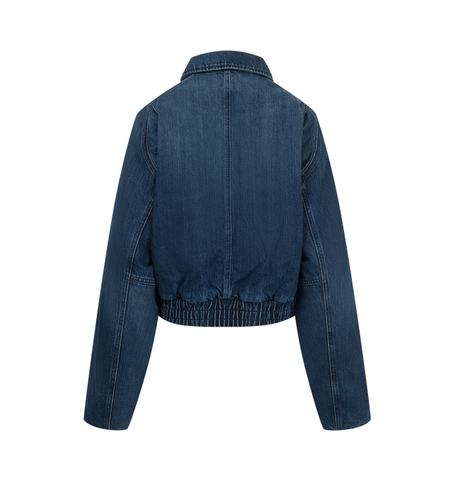 Image 3 of 4 - BLUE - Radh Women's The Ghillie Jacket is crafted from a regenerative cotton-blend denim fabric and features a structured jacket silhouette with a balance of utility and refined tailoring. Designed to layer comfortably over lightweight and heavier knits, this designer jacket offers a clean-lined shape with functional pockets and a textured finish that enhances its versatile appeal. Main Material: Regenerative Cotton Blend.