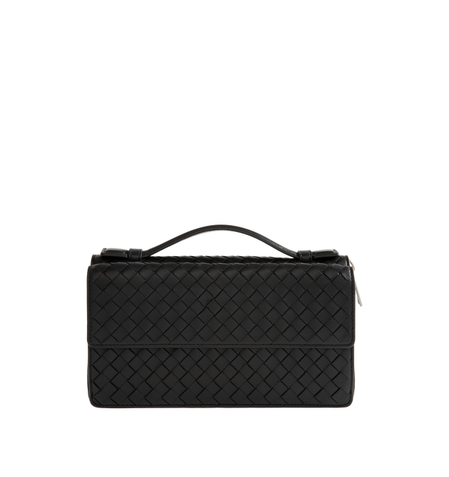 Image 1 of 3 - BLACK - Bottega Veneta Mens Zip-Around Organizer is crafted from Intrecciato piccolo calfskin leather. Features a zip-around closure, six card slots, two bill compartments, one coin pocket, one exterior pocket, calfskin lining, and silver-finish hardware. Main Material: Calfskin Leather; Lining: Calfskin Leather. Made in Italy.