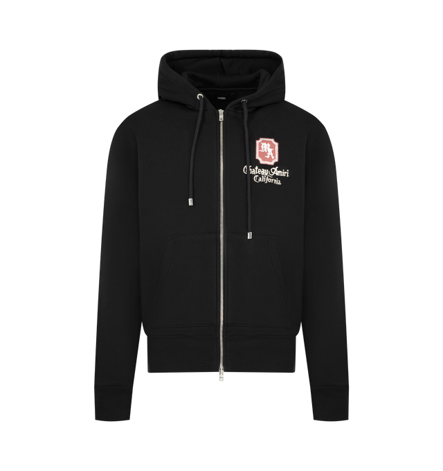 Image 1 of 2 - BLACK - AMIRI MA Chateau Zip Hoodie featuring a full front zipper closure, ribbed cuffs and hem, adjustable drawstring hood, and signature rose-embroidered Chateau Amiri California logo on the chest. 100% cotton. Made in Italy.