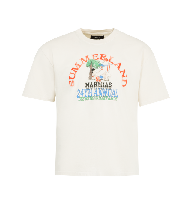 Image 1 of 2 - WHITE - NAHMIAS Point Dune Races Boxy T-shirt featuring short sleeves, crew neck, boxy shape and graphic print. 100% cotton.