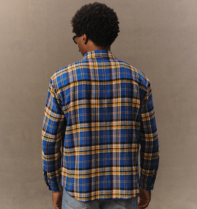 Image 5 of 6 - BLUE - Cherry LA Plaid Classic Shirt is crafted from cotton and features a custom brushed plaid pattern, a relaxed-fit silhouette, and classic Western-inspired detailing. Designed with embroidery beneath the wearer's left chest pocket and finished with four-hole cat-eye buttons, this versatile shirt combines heritage influences with everyday comfort. Main Material: Cotton.
