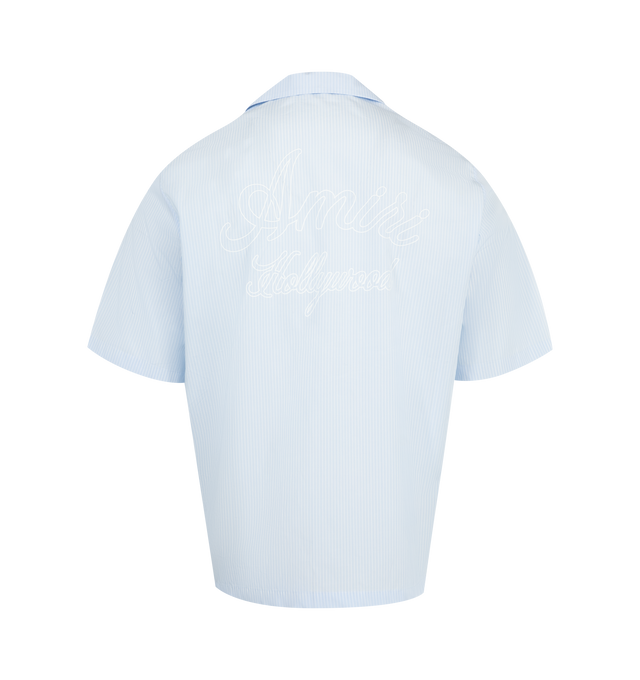Image 2 of 2 - BLUE - AMIRI Starburst Logo Poplin Camp Shirt featuring cotton poplin adorned with thin pencil stripes, motif on the chest and back, logo stitching on the back neck, notch collar, button placket, short sleeves, straight hem and boxy fit. Cotton. Made in Italy.