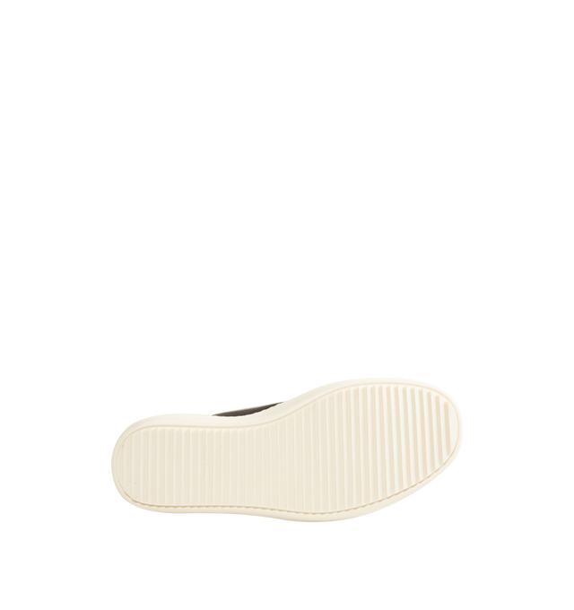 Image 4 of 5 - NEUTRAL - Rick Owens Men's Vintage Sneaks are crafted from full-grain cow leather and suede leather and feature an under-ankle silhouette with eight-eyelet lace-up fastening, toe caps, and signature shark-toothed bumper soles. Designed with a triangular leather appliqu at the side, a padded ankle, and contrast stitching that references the brand's iconic vintage-inspired sneaker aesthetic. Main Material: 100% Cow Leather. Lateral Details: 100% Calf Leather. Lining: 100% Calf Leather. Insole: