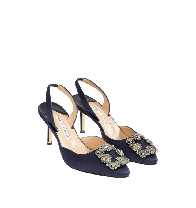 Image 2 of 4 - NAVY - MANOLO BLAHNIK Hangisli Slingback Pumps featuring satin almond toe slingback pump, elasticated slingback ankle strap, square crystal buckle and stiletto mid heel. 68% viscose, 32% silk. Lining: 100% kid leather. Heel measures 70 mm. Made in Italy.