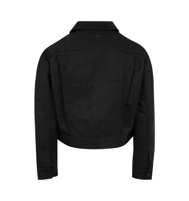 Image 2 of 3 - BLACK - FEAR OF GOD ESSENTIALS Textured Nylon Trucker Jacket featuring a textured nylon, cropped, boxy fit, shirt collar, flap pockets, antique metal hardware and Essentials signature label at the back collar. 100% nylon.