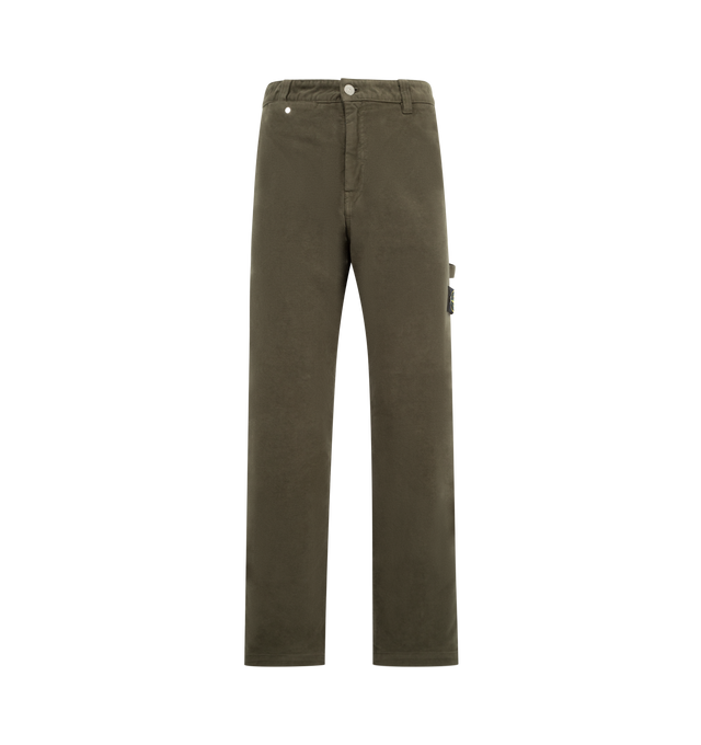 Image 1 of 3 - GREEN - STONE ISLAND Loose Fit Trousers featuring slanted hand pockets, small pocket on right side under waistband with snap, back patch pockets with slanted entrance and snap, tape loop under left pocket, small vertical pocket with snap on back of right leg, Stone Island badge on left leg, zip and button fly and loose fit. 100% cotton.