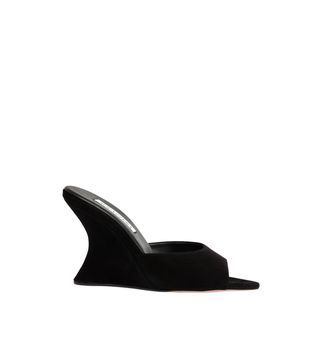 Image 1 of 4 - BLACK - Aquazzura Bisous mules are crafted from suede featuring a peep-toe silhouette, sculptural 95mm / 3.8 inch high wedge heel, leather lining, leather insole and sole. Made in Italy.