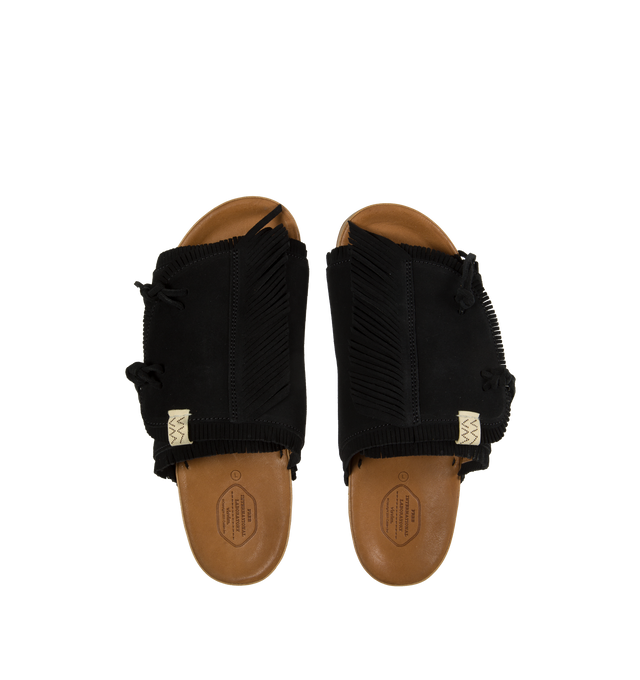 Image 4 of 4 - BLACK - VISVIM Christo Shaman-Folk Slides featuring a cork footbed, suede upper, fringed detailing and custom Vibram rubber heel.  