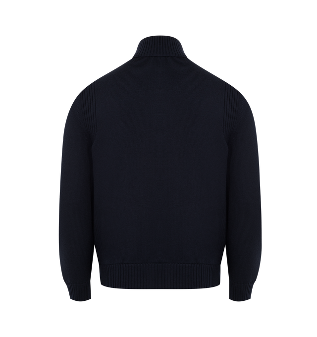 Image 2 of 3 - BLUE - MONCLER Padded Wool Zip-Up Cardigan featuring down-filled and padded polyester front, gauge 7, zipper closure, pockets with snap button closure and logo patch. 100% polyester. 100% virgin wool. Padding: 90% down, 10% feather. Made in Moldova.