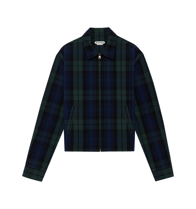 Image 1 of 2 - NAVY - JW Anderson Mens Front-Zip Blouson in navy and green cotton seersucker check. Vintage inspired, with a classic fit, crafted in a specially developed black watch tartan on a seersucker base. Features welt pockets and elasticated cinch panels at the back. Unlined, finished with horn buttons on the cuff. 100% Cotton. Made in Portugal.