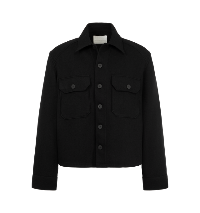 Image 1 of 2 - BLACK - Studio Nicholson Men's Kelver Jacket is crafted from heavy wool shirting fabric and features a contemporary interpretation of a classic military-inspired silhouette. Designed with a crossover yoke, two back darts, and a streamlined fit, this refined outerwear style balances utilitarian influences with precise tailoring. The dense, textured wool fabrication provides natural warmth and a softly structured handle, while the considered construction enhances the jacket's clean, slim profil