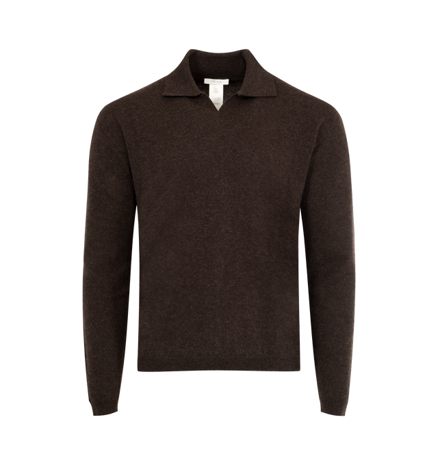 Image 1 of 3 - BROWN - THE ROW Franz Sweater featuring long-sleeved polo top in soft cashmere with relaxed fit, buttonless front tab, and ribbed collar, cuffs, and hem. 100% cashmere. Made in Italy.