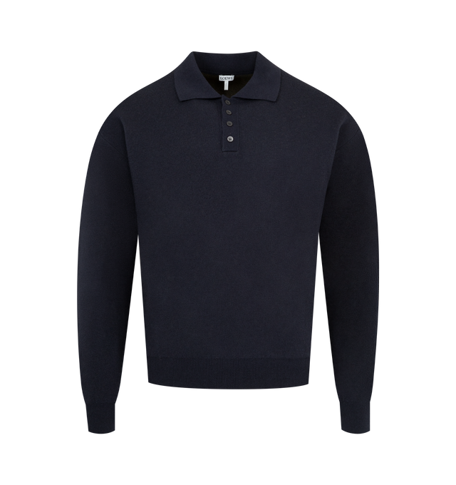 Image 1 of 2 - NAVY - LOEWE Polo Sweatshirt in cotton and cashmere featuring a polo collar, dropped shoulders, relaxed fit, regular length, button front fastening, herringbone placket lining, asymmetric front to back hem, split sides and LOEWE Anagram embossed leather patch placed at the back. Cashmere/cotton. Made in Portugal.