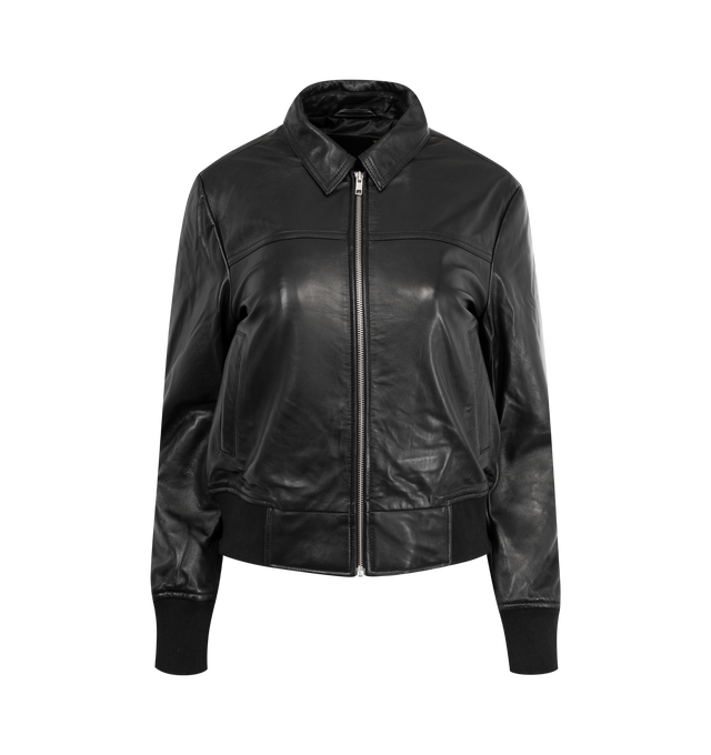 Image 1 of 3 - BLACK - R13 Berlin Leather Jacket featuring a slim silhouette, ribbed hemline, classic zip front and point collar. 100% lamb leather. Made in India.