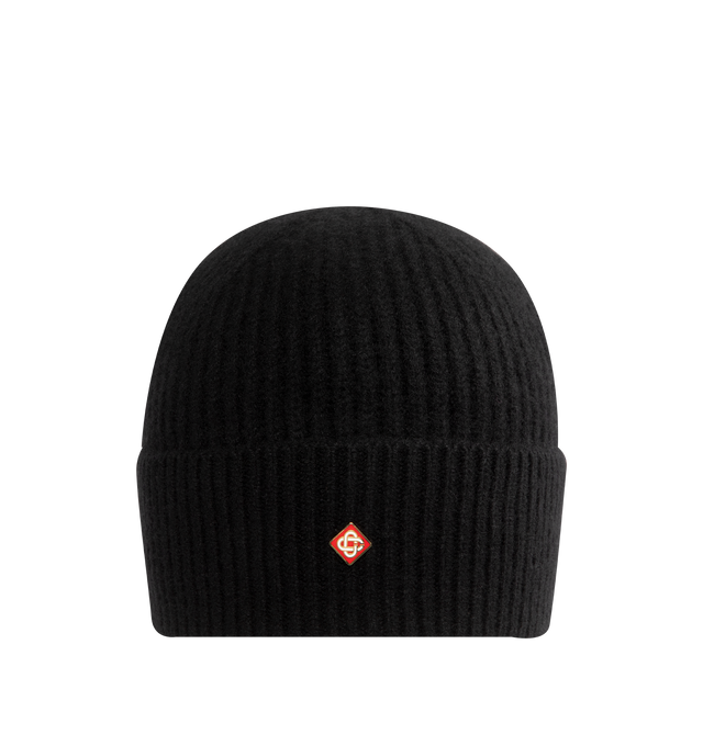 Image 1 of 2 - BLACK - CASABLANCA Half Cardigan Wool Beanie featuring ribbed construction and Casablanca logo on the front. 100% wool.