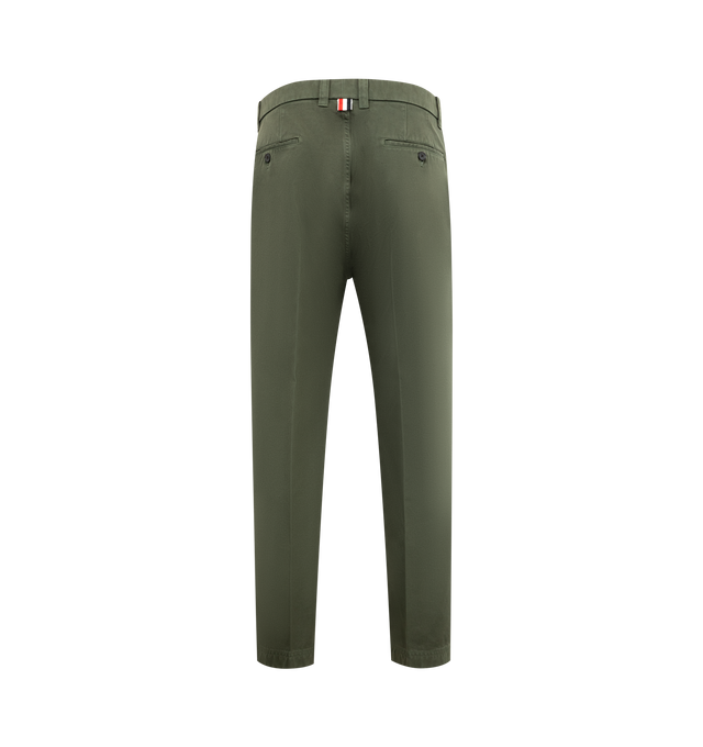 Image 2 of 3 - GREEN - THOM BROWNE Utility Trouser with a shortened hem crafted from breathable cotton fabric. Featuring tab front closure, button-fastening back welt pockets and signature striped grosgrain loop tab. 100% Cotton. Made in Italy.