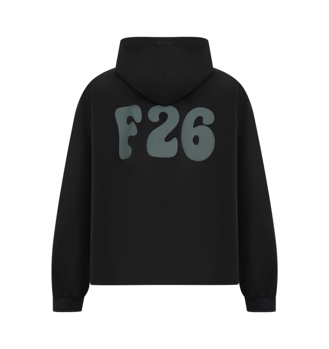 Image 2 of 3 - BLACK - Fear of God Essentials Mens Full Zip Hooded Anorak is crafted from polyester. Features a relaxed cropped fit, mock-neck hood, full front zip closure, side pockets, ribbed cuffs, adjustable bungee waist with toggle, stretch perforated lining, puff-printed FOG graphic on the sleeves, and an Essentials logo label. Main Material: 100% Polyester; Lining: 100% Stretch Perforated Polyester.