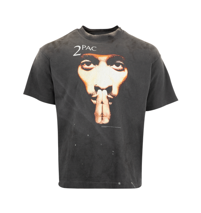 Image 1 of 2 - BLACK - SAINT MICHAEL 2 Pac Tee featuring crew neck, short sleeves, relaxed fit and graphic print on front and back. 100% cotton.