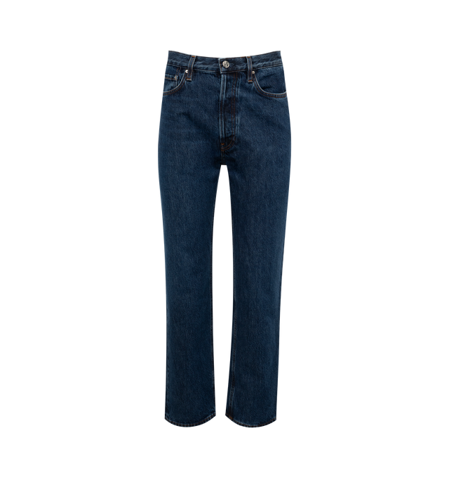 Image 1 of 2 - BLUE - TOTEME CLASSIC CUT DENIM FULL LENGTH featuring button fly, silver-tone hardware, belt loops, five pockets and monogram leather patch. 100% organic cotton. 