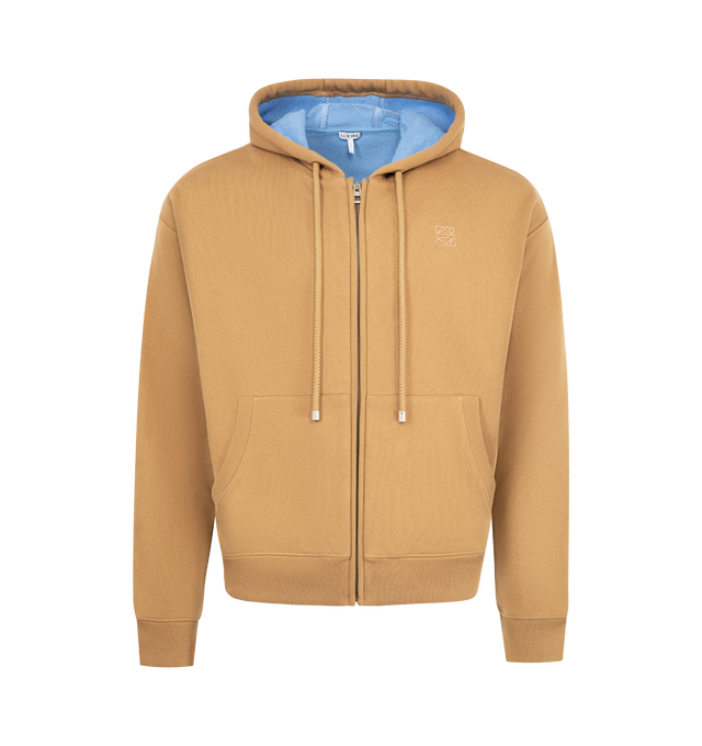 Image 1 of 2 - BROWN - LOEWE Zip Up Hoodie featuring hood with drawstring, front pockets, ribbed cuffs and hem and zip closure. 100% cotton.