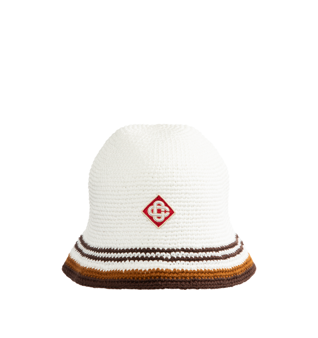 Image 1 of 2 - WHITE - CASABLANCA Striped Crochet Hat featuring a classic bucket-style silhouette, crafted from a soft-textured open weave crochet cotton fabric, striped brim and the house's signature diamond logo applique at its centre. 100% cotton.