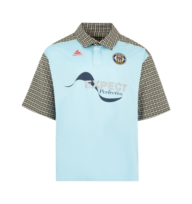 Image 1 of 2 - BLUE - MARTINE ROSE T-Shirt Poloshirt featuring classic collar, embroidered and printed graphics, contrast blue front panel, check fabric and short sleeves. Cotton, elastane.