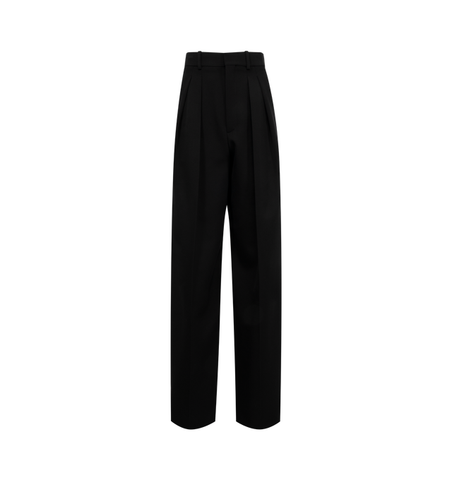 Image 1 of 3 - BLACK - SAINT LAURENT Wide Leg Pant featuring high-waist, wide leg with a center crease and double pleat, concealed front button and hook closure, zip fly, two slash pockets at the front, two welt pockets with button at the back and waistband with belt loops. 100% wool. Made in Italy.