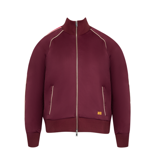 Image 1 of 2 - RED - WALES BONNER Essence Track Jacket featuring a zipped front, side slit pockets, ribbed cuffs and hem and stand collar. 55% polyester, 45% cotton. Made in Portugal.