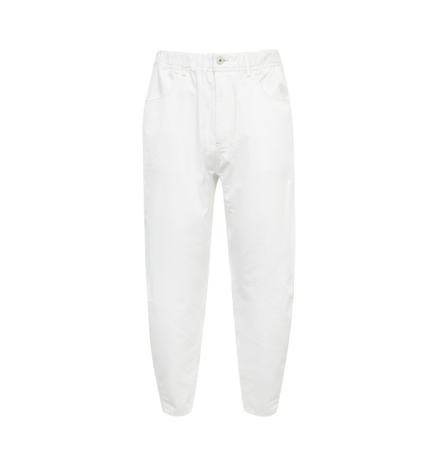 Image 1 of 3 - WHITE - AND WANDER 88 Dry Easy Denim Wide Pants featuring intricate stitching details on the legs of the pant, relaxed fit, zip fly, stretch denim with COOLMAX thread, extremely lightweight and breathable, absorbs water and dries quickly, elasticated waist, belt loops, 2 front pockets and 2 back pockets. 65% cotton, 35% polyester. Made in Japan. 