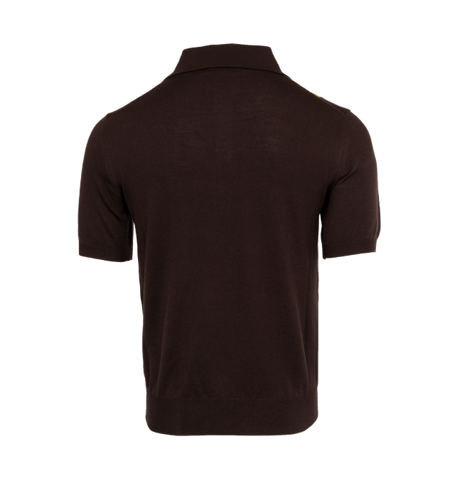Image 2 of 3 - BROWN - AMIRI Retro Stripe Knit Polo Shirt featuring spread collar, three-button placket, short sleeves, ribbed cuffs and waistband and pullover style. Wool/cotton. Made in Italy. 