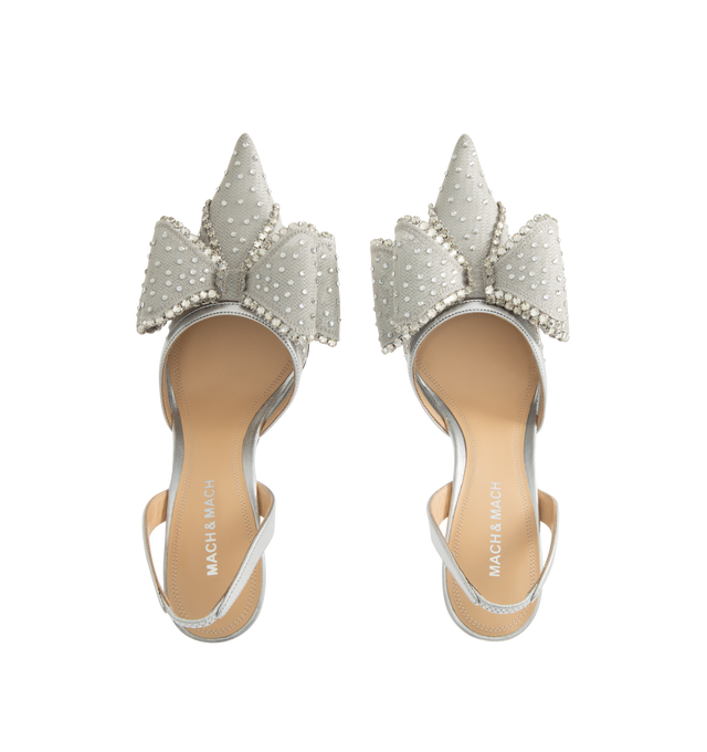 Image 5 of 5 - SILVER - MACH & MACH Le Cadeau Crystal Mesh Slingback featuring an elasticated slingback strap, a high stiletto heel, crystal embellishments and bow detailing. The heel height measures 85mm. Made in Italy.