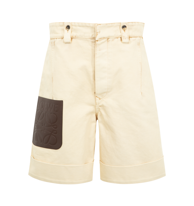 Image 1 of 3 - WHITE - LOEWE Turn-Up Shorts in medium-weight garment-dyed cotton twill featuring a LOEWE Anagram embossed leather patch pocket on the leg, turn-up cuffs, relaxed fit, regular length, mid waist, buttoned belt loops, concealed button fly, slash pockets and buttoned rear welt pocket. Cotton. Made in Italy.